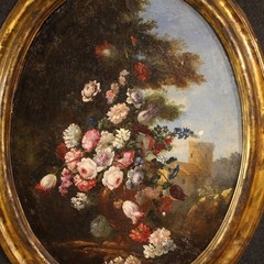 Antique Italian painting oval artwork oil on canvas still life 18th century