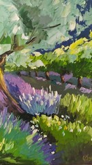 oil painting on panel original hand made art with olive trees and lavender