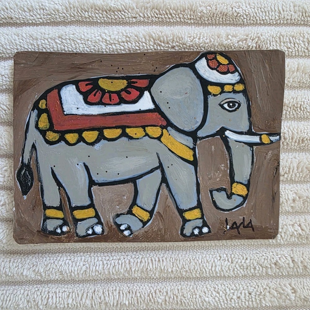 ORIGINAL ACEO Folk Art Painting Animal Indian Elephant Flower Gold Trunk Glitter