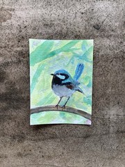 ACEO By Kenna Blue Fairy Wren Bird Gouache Painting 2.5” X 3.5” Signed ATC