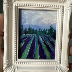 Lavender Field Landscape,original Watercolor, Painting,small,mini,framed