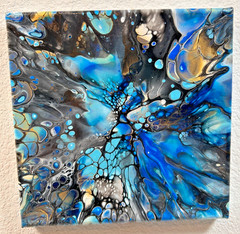 Original 8″x8″ Acrylic Fluid Art Pour Painting blue grey gold turqoise
