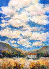 Large Oil Painting Landscape Clouds Mountains Fields Adobe House Framed Donalee