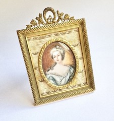 Rare 19th C. French Hand Painted Miniature Portrait Gold Gild & Tapestry Frame
