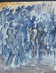 Emil John Hess, NYC Artist Monogram-Signed Watercolor Possibly of Street Concert