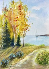 Landscape Bright orange autumn river Sea Boat Seascape Original watercolor
