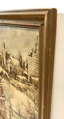Vintage Landscape City Scene Painting On Canvas Framed Signed And Dated 1943