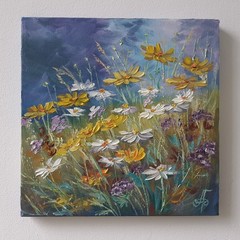 Golden Wildflower Meadow Original Oil Painting Floral Landscape Nature Wall Arts