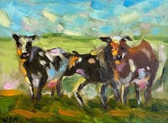 Cow Original Oil Painting Landscape Impressionism Animal Farm Artwork Signed