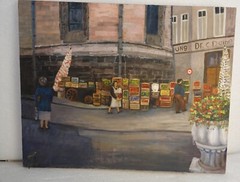 European oil painting folk art street scene farmers market 1940’s -50’s Artist