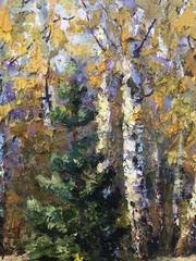 Oil Painting Birch Grove B. Serdyuk Unframed Original Home Decor Art nAAA3191