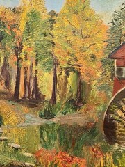 Vintage Original Oil Painting Red Grist Mill Water Wheel Autumn Landscape Art