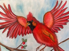 Original oil painting signed 11 x 14 in red bird cardinal