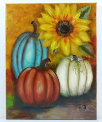 Fall Autumn Pumpkin Harvest & Sunflower Original Art by Rain Crow