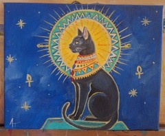 Orginal Signed 8×10 Expressionist Egptian Cat Acrylic Canvas Art Blue Decor