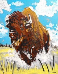 Unique American Bison Running Expressionism – Acrylic Painting On 20×16″ Canvas