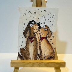 Cute Dog Couple Heart Glasses ACEO Original Watercolor Painting Folk Art OOAK