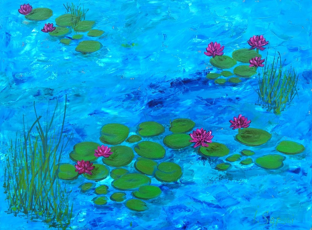 Original oil painting with Pink water lily, Landscape water painting