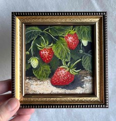 Original Oil Painting Landscape with Wild Strawberry Small Wall Art 4 x 4 in