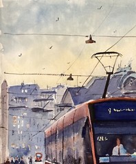Watercolor Original Painting 11″ x 15” Tram. Switzerland.