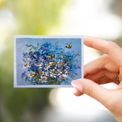 ACEO Daisies Cornflowers 12 Original Oil Painting Art Card 2.5×3.5in Signed OS