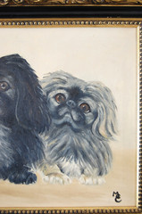 VTG 60S FRAMED ORIGINAL OIL PAINTING OF BLACK AND GRAY PEKINGESE DOGS ARTIST: ME