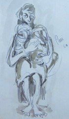 Drawing D’Epoca Ritratto Mamma Con Figlio Matita Ed Acquerello Su Paper P28.7