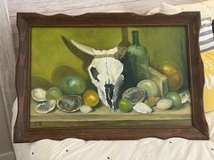 Skull Ranch Wall Art Wood Frame Green Signed E Melton 32” X 23” Cows Kitchen