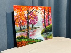 Original Soft Pastel Landscape Autumn Trees & Forest River Reflection 32.5x25cm