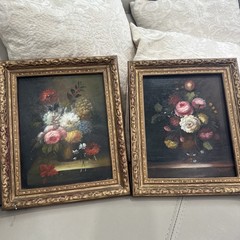 2 Signed Floral Still-Life Oil Paintings on Board in Ornate Gilt Wooden Frames