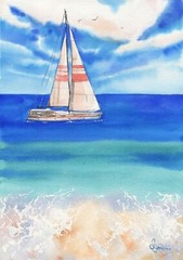 Seascape – Original 11.7 x 16.5″ Watercolor Painting with Waves and Clouds