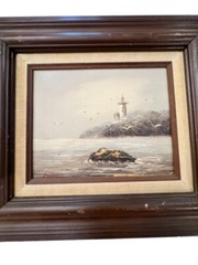 VINTAGE ORIGINAL OIL PAINTING SEASIDE SEASCAPE LIGHTHOUSE SIGNED FRAMED Seagulls