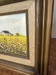 Fields Of Flowers W Barn Original Oil Painting Signed Molina 11×17 Primitive Art