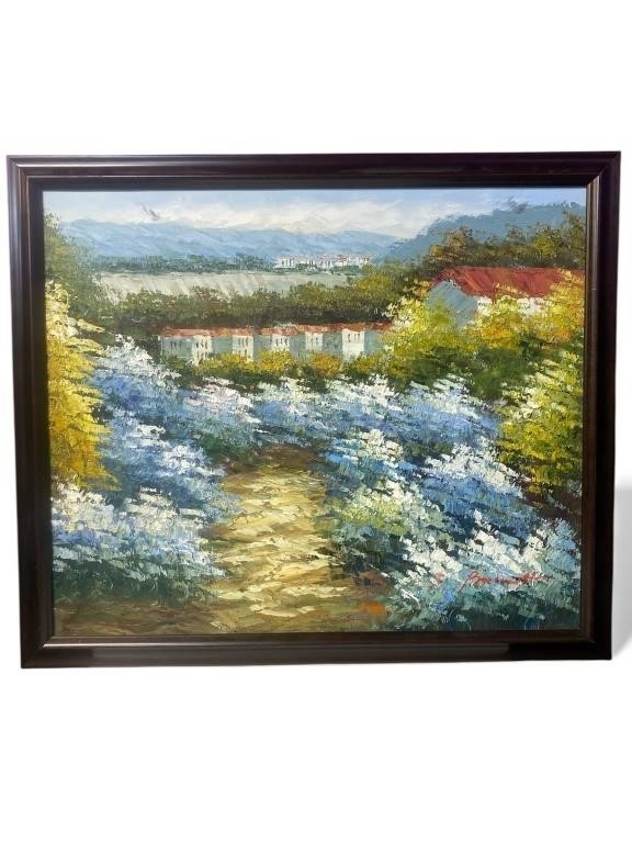 Signed oil on canvas abstract village scene art 26 1/2 x 22 1/2 inches