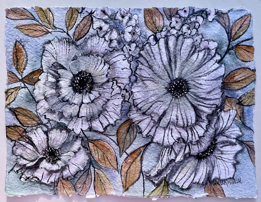 9”X12” Pamela Wilhelm Original Watercolor Ink Grey Gray Flowers Amber Leaves