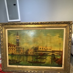 Framed Realism Painting Venice Canal Cityscape with Gondolas & Architecture