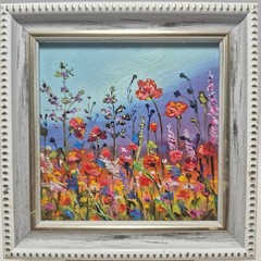 An original oil painting, signed and framed. “Blooming Meadow,” 4×4
