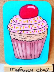ACEO ATC Cupcake with Cherry on top original painting new 3.5″ x 2.5″ myfancy