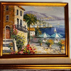 Signed Mediterranean Coastal Village Palette Knife Oil Painting Framed