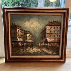 Oil Painting of European Street Scene Signed – Impressionist – Framed Art 31×27”