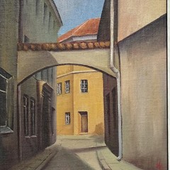 Architectural Oil Painting Old World City Street Buildings Signed MB 12.75×10.5