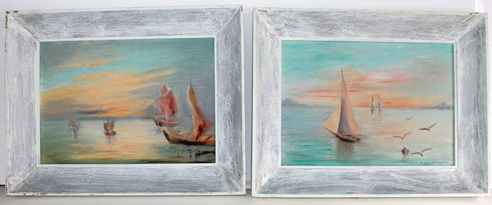VINTAGE SET 2 OIL PAINTING CANVAS PANEL SIGNED IMPRESSIONISM SEASCAPE MARINA