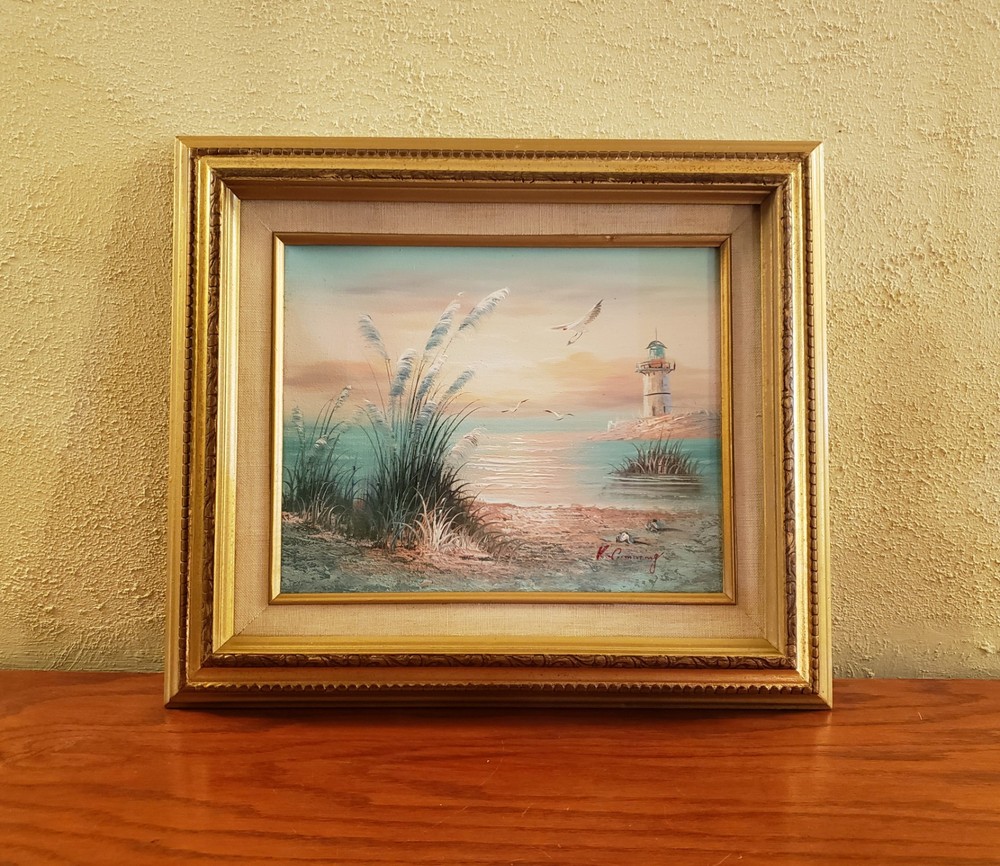Oil Painting Seascape Lighthouse Beach Scene House Framed Vintage K Cummings