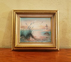 Oil Painting Seascape Lighthouse Beach Scene House Framed Vintage K Cummings