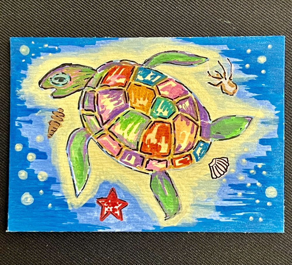 ACEO Original, Abstract Whimsy Turtle, Mini Art Painting, by Annibbie