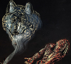 Vtg NATIVE AMERICAN WOLF Original BLACK VELVET OIL PAINTING Carved Wood Frame