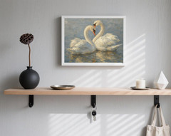 Swan Couple Wall Art � Romantic White Swan Print � Vintage Impressionist Oil