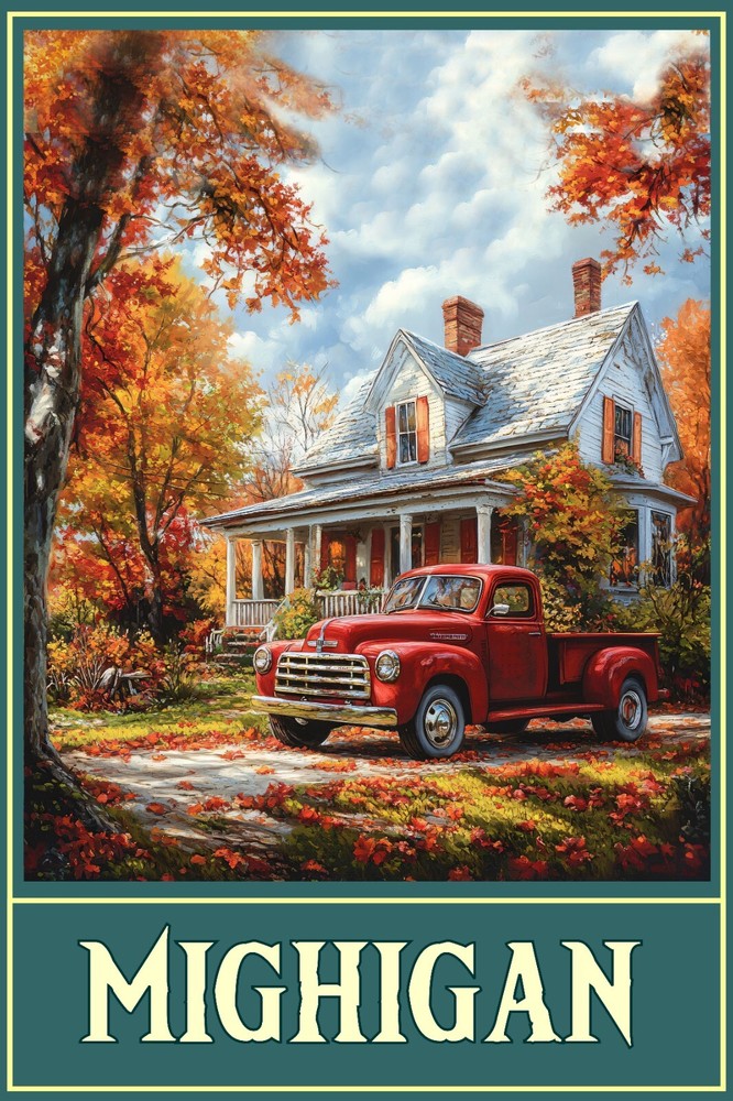 Michigan Fall Foliage Trees Truck Home Art Travel Poster 16×24 Giclee Print