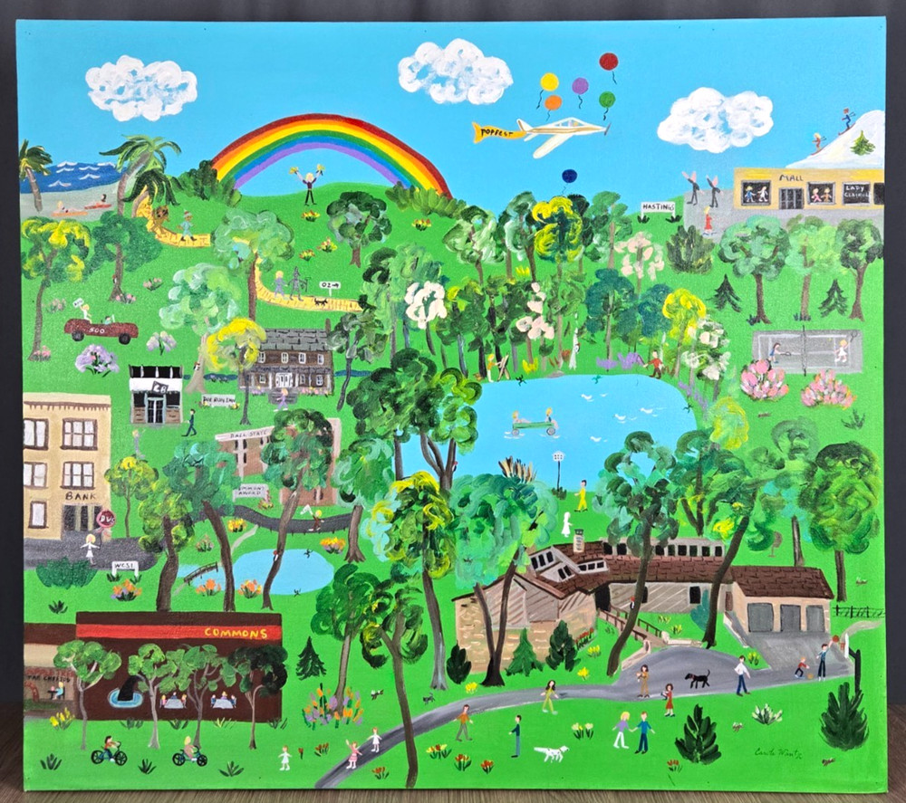 Carole G. Wantz Indiana folk art landscape original oil painting, Ball State 38″