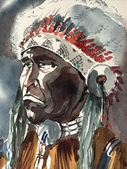 Native American Indian Paintinf Portrait Chief With Headdress Vintage Sanchez
